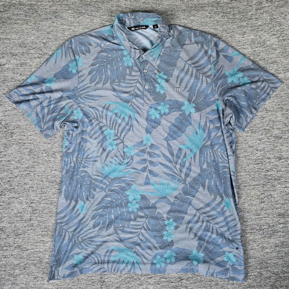 TRAVIS MATHEW Men's XXL Hawaiian Polo Shirt Blue Poly/Cotton Golf Soft Blend